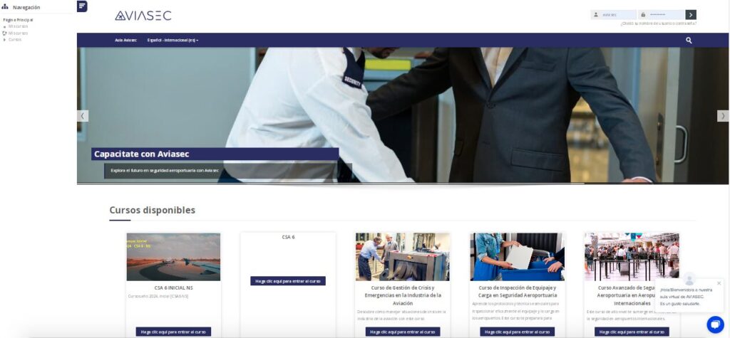 Vista la web moodle de aviasec desarrollado por Sala Conectada.